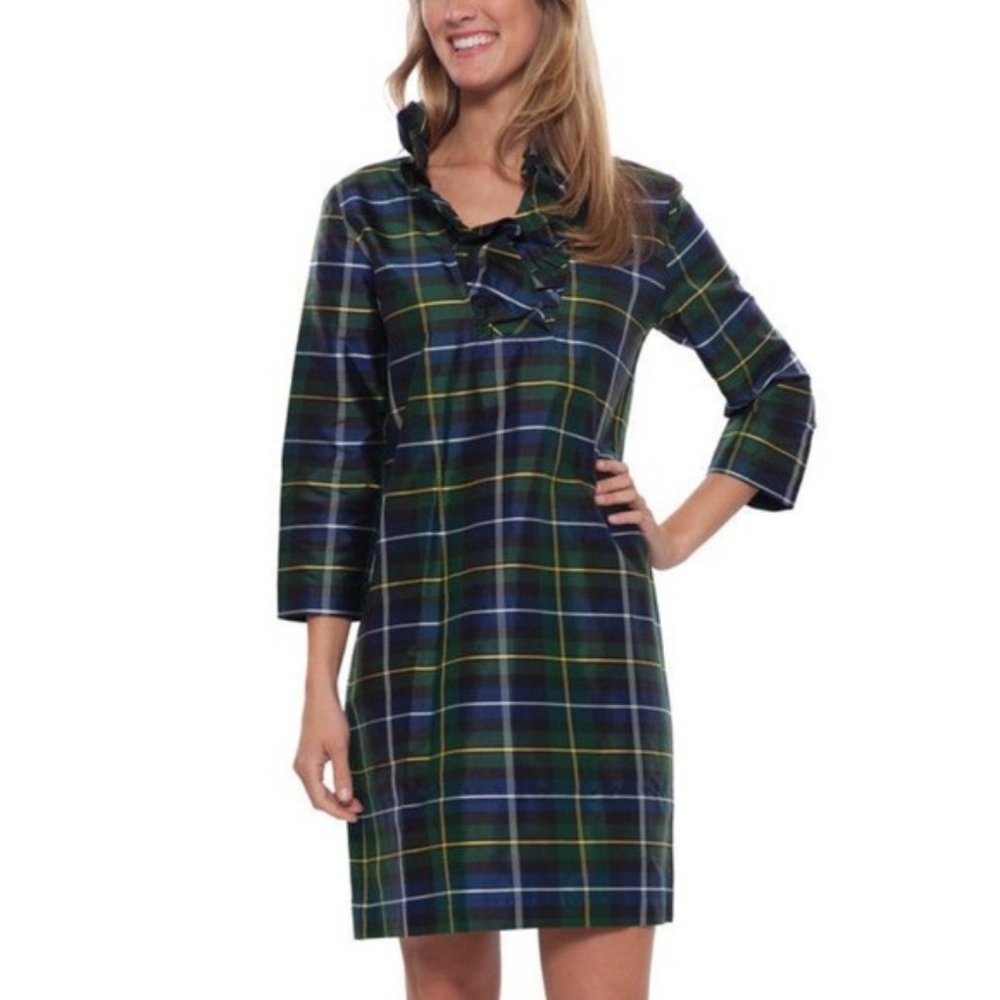 Devon Baer Green & Navy Plaid 3/4 Sleeves Ruffled V-Neck Mini Dress Size Small